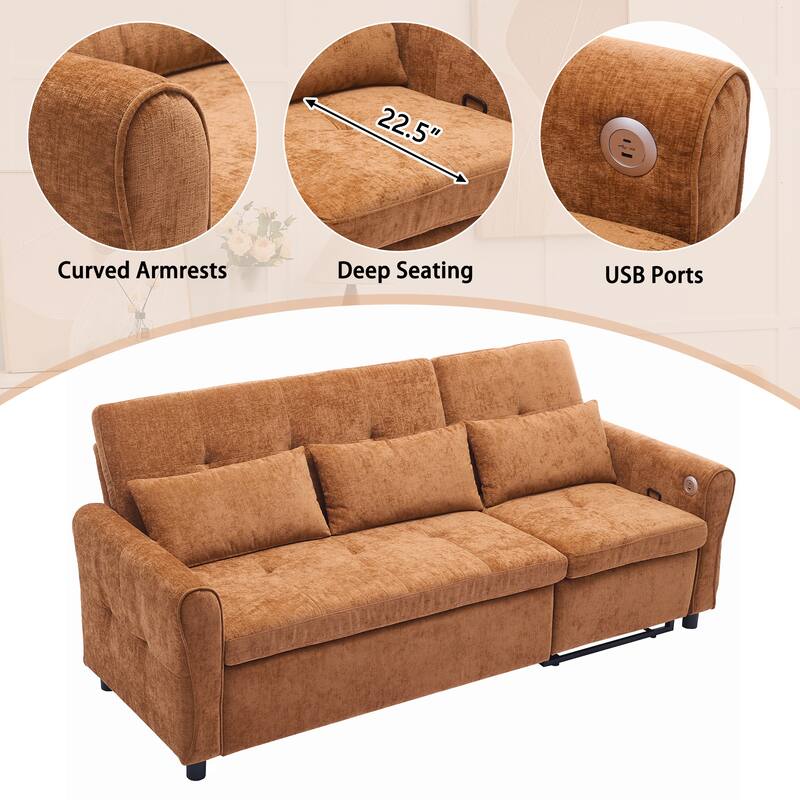 82″ Chenille 2-in-1 Sofa Bed with Adjustable Backrest, Reversible Chaise & USB Ports