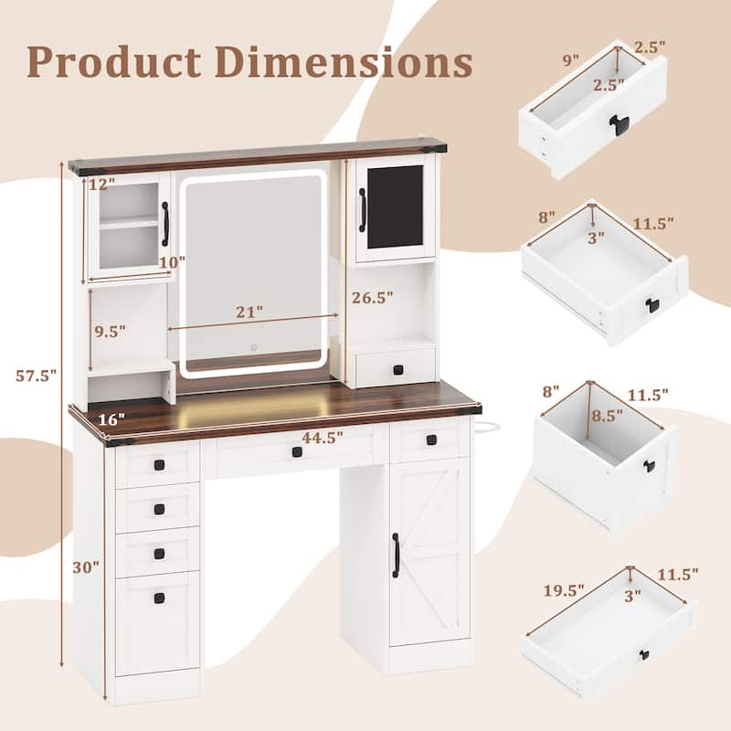 Gymax Farmhouse Vanity Desk w/ Lighted Mirror Makeup Vanity Table w/ 3