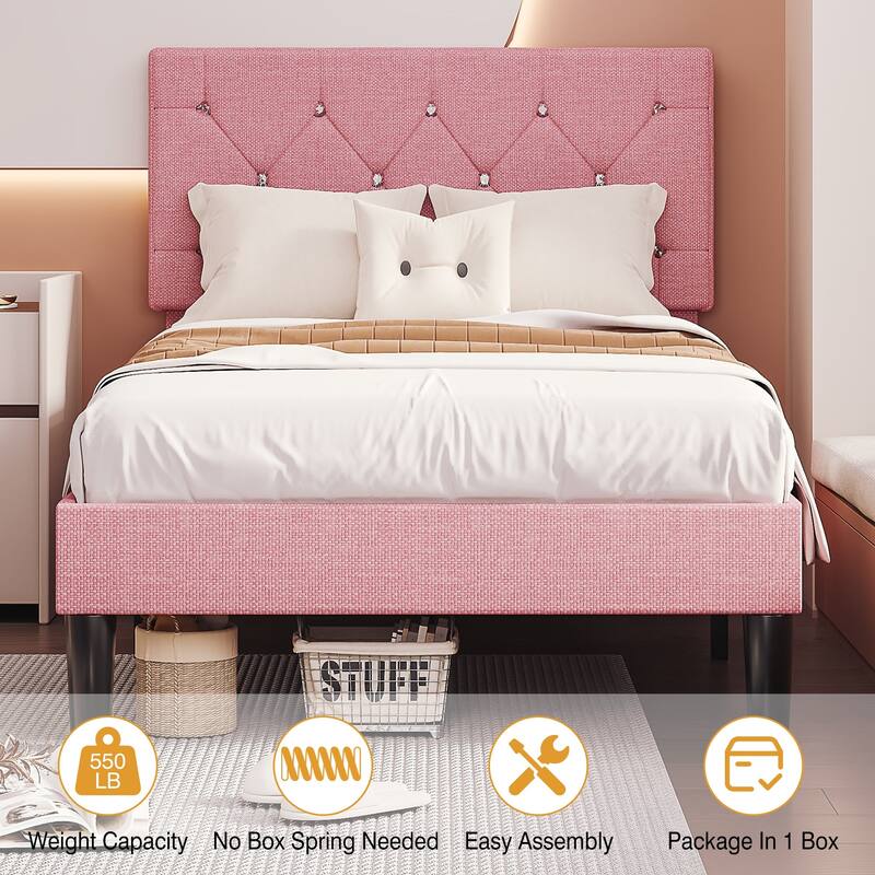 VECELO Upholstered Beds With Diamond Tufted Headboard Platform Bed Frame 7.9'' Under Bed Space