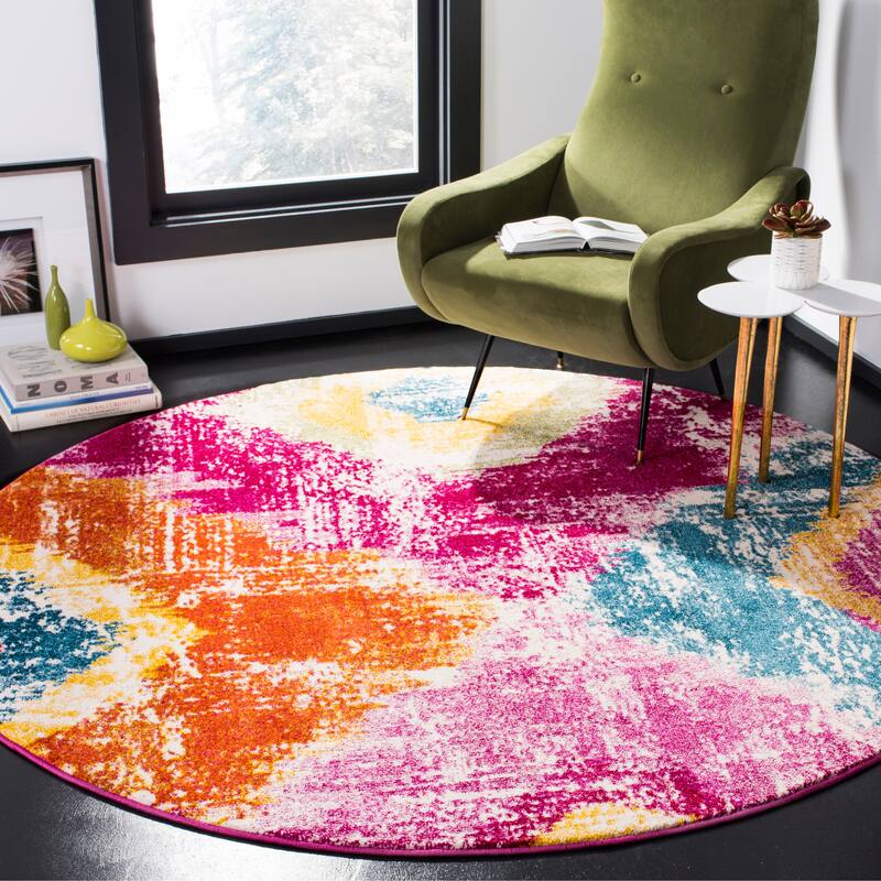 SAFAVIEH Watercolor Brunhild Modern Abstract Rug - 6'7" Round - Fuchsia/Orange