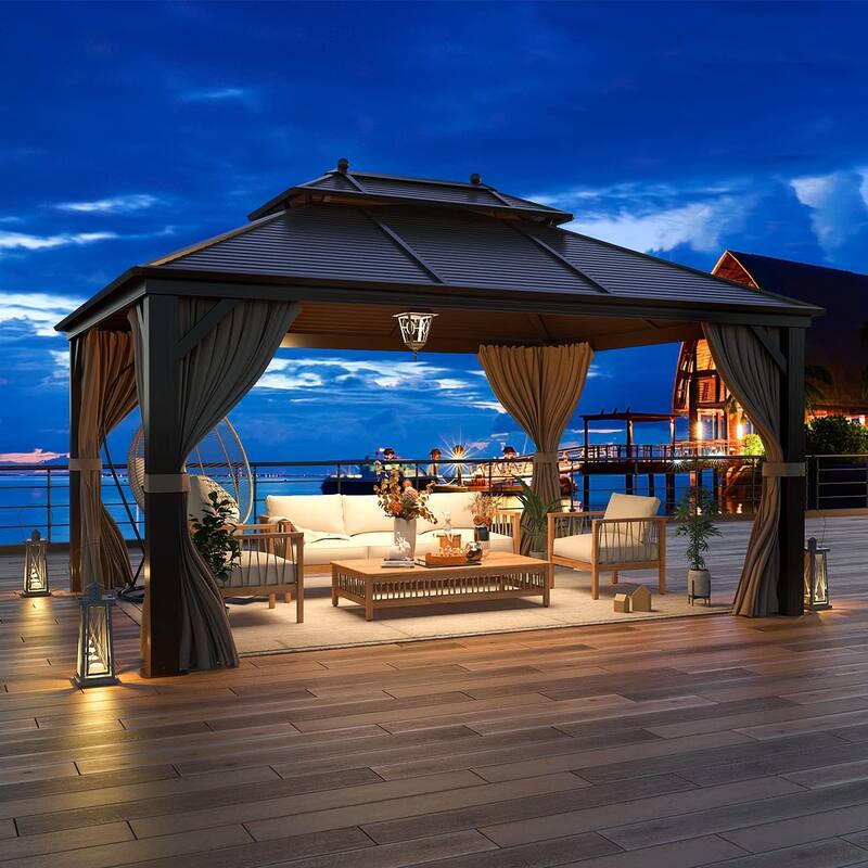Outdoor Pro Series Galvanized Steel Hardtop Patio Gazebo Pergola w/Aluminum Frame, Prime Curtains and nettings include