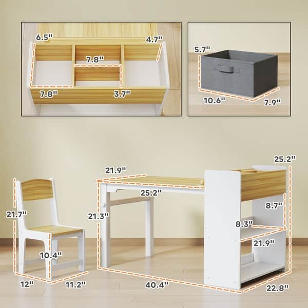 dimension image slide 0 of 2, Qaba Kids Desk and Chair Set with Paper Roll, Kids Art Table and Chairs Set with Storage Shelves, Activity Craft Table