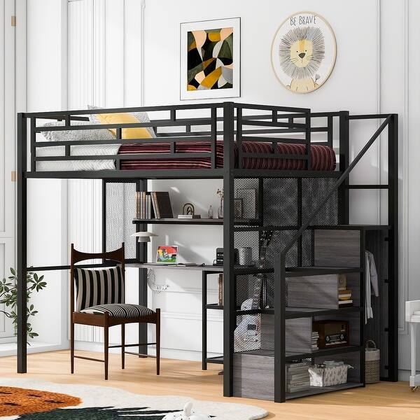 slide 2 of 11, Full Size Metal Loft Bed with Wardrobe, Desk, Storage Shelves & Stairs, Space-Saving Design with Guardrails for Kids, Black Black