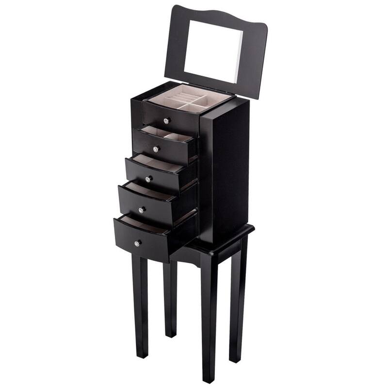 Black Wood 5-Drawer Jewelry Chest Storage Chest Cabinet with Mirror - 13" x 9" x 33"