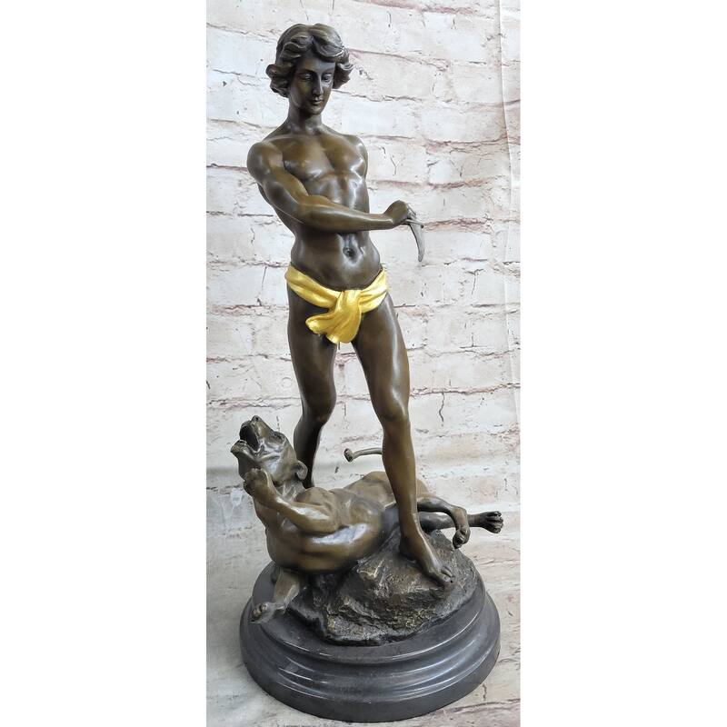 Hot Cast Art Deco Young Boy Killing Cougar With Dagger Bronze Sculpture Statue