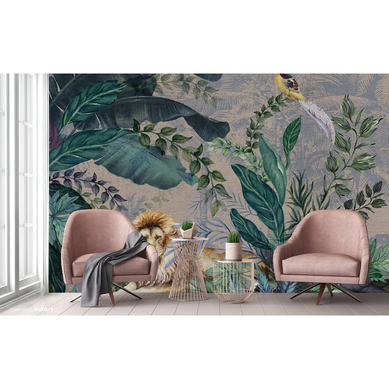 Luxurious Jungle Safari Wallpaper Mural Lions and Tropical Foliage