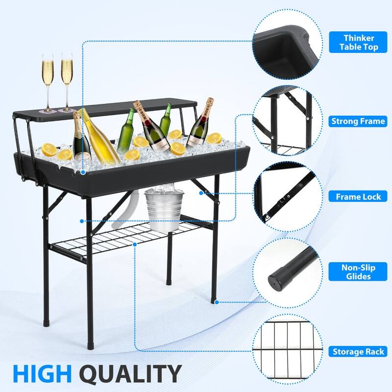 4 ft Folding Ice Table, Party Cooler, Fishing Table with Drain, Skirted Prep (Black)