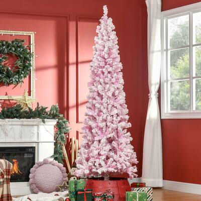 7.5ft Unlit Snow Flocked Pencil Tree with Pine Shape and Realistic Branches, for Xmas Indoor and Outdoor Decoration