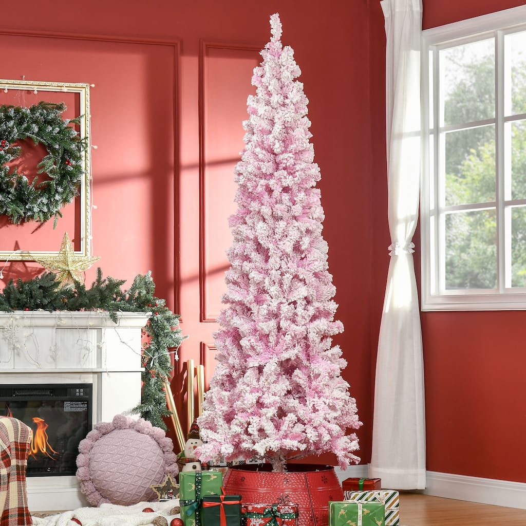 7.5ft Unlit Snow Flocked Pencil Tree with Pine Shape and Realistic Branches, for Xmas Indoor and Outdoor Decoration