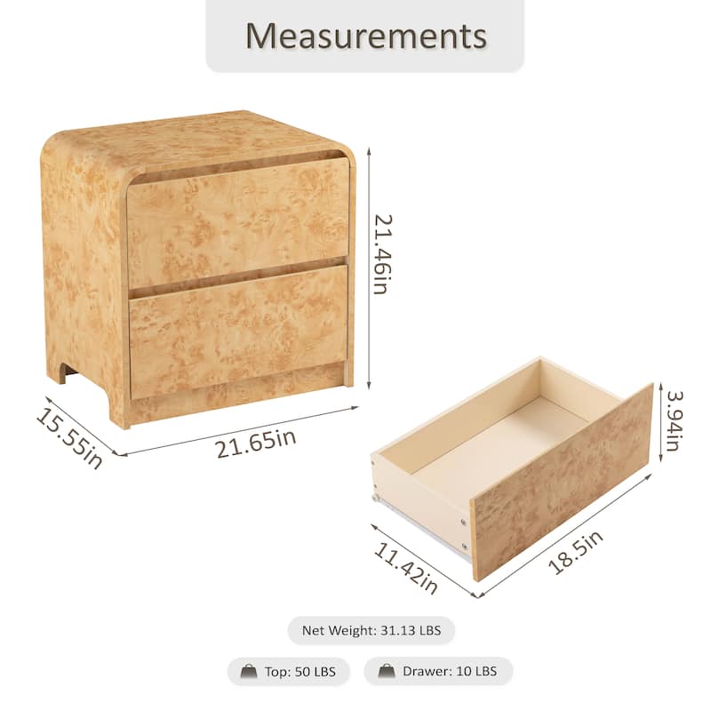 COZAYH Farmhouse Wood Nightstand, Rounded Edge Modern & Mid-Century Dresser, Burl Wood Finish in Natural