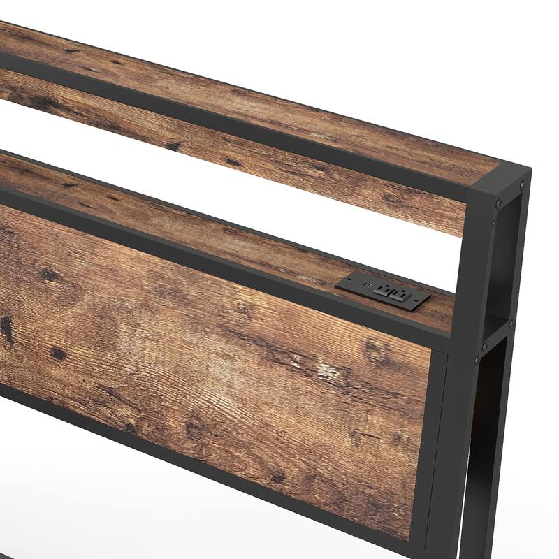 Lift Up Storage Bed Frame/Metal Platform Bed Frame with Charging Station&LED Lights/Noise-Free/No Box Spring Needed/Rustic Brown