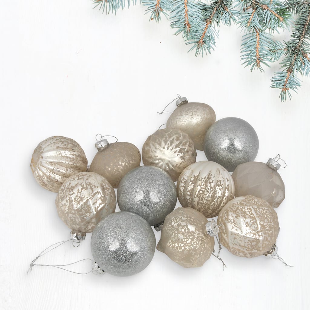 12ct Champagne Silver Mercury Glass Style Glass Ornament Set 3"