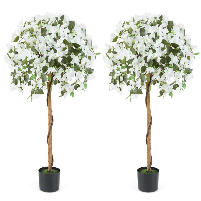 Gymax 2PCS 53'' Artificial Azalea Tree Floral Plant w/ Red Azalea - White
