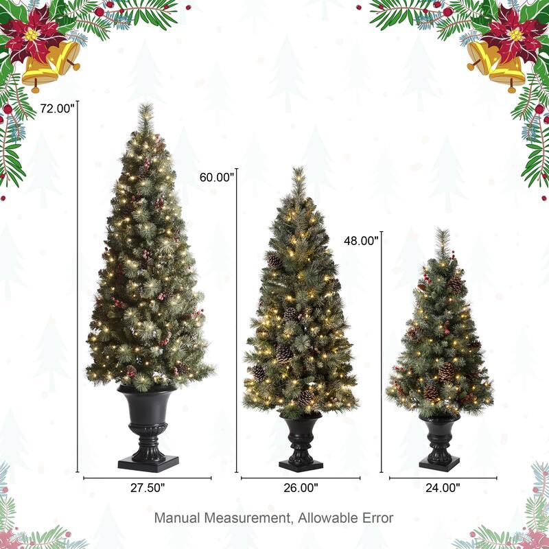 Glitzhome 4ft/5ft/6ft Flocked Pine Christmas Potted Porch Tree With Warm White Lights