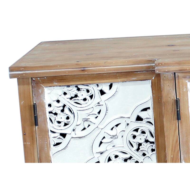 4-Door Hollow-Carved Accent Cabinet, Distressed Wood Storage Cabinet Cupboard with adjustable shelves,unique design,Natural wood