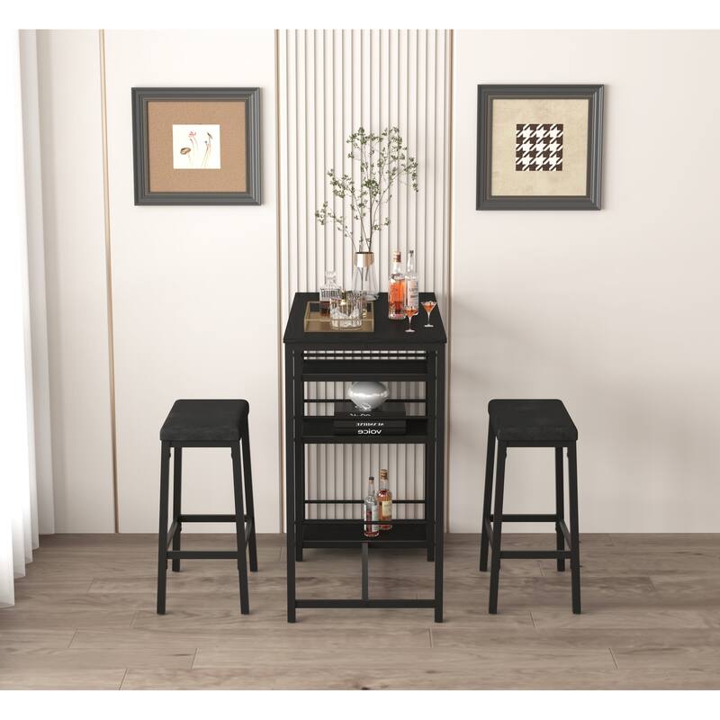 3-Piece Counter Height Dining Set with Storage Shelves, Minimalist Bar Table Set Padded Seat with Metal Frame