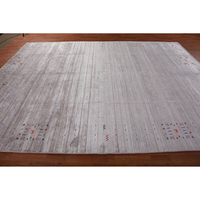Hand Knotted Oriental 100% Wool Carpet Tribal Stripe Greys & Charcoal Gabbeh Area Rug - 12' 5'' X 9' 2''
