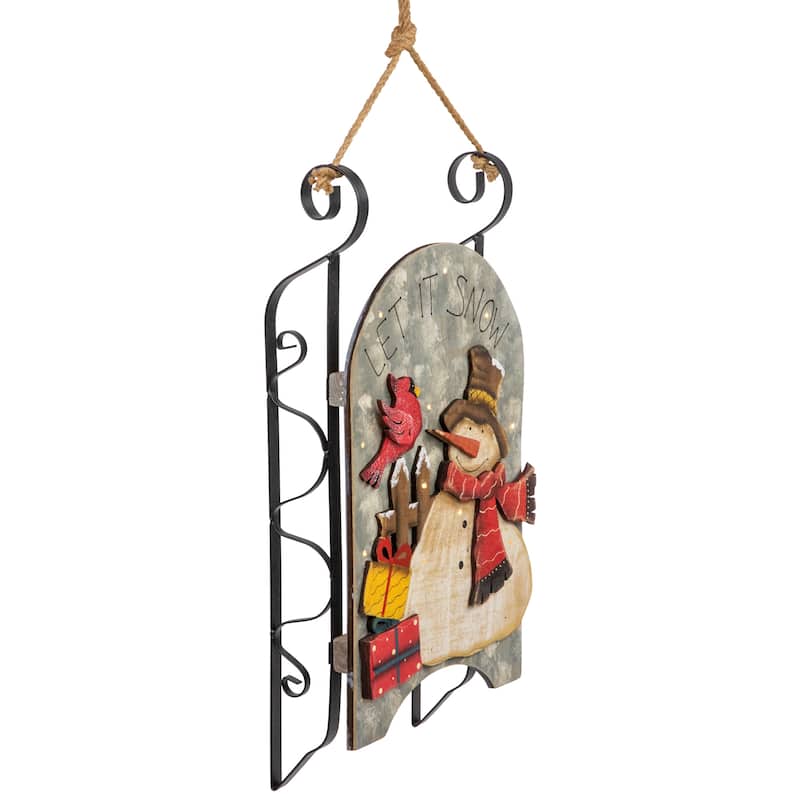 17" LED Lighted Wooden Sled with Snowman and Cardinal Christmas Decoration