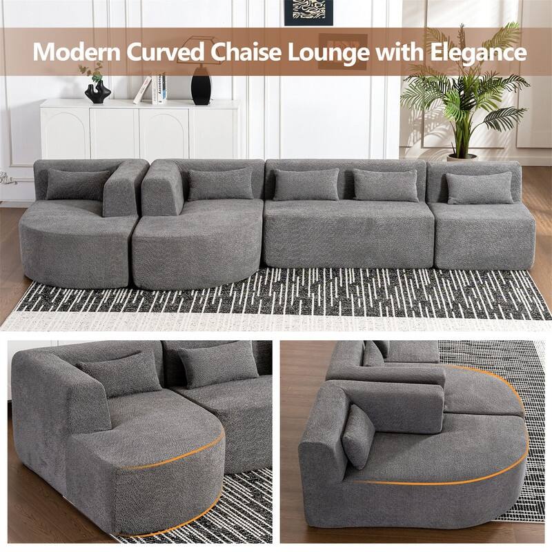 Convertible Sectional Sofa with 2 Curved Chaise Lounges, 143.7" Upholstered Sofa Free-combined Sofa Couch with 5 Back Pillows