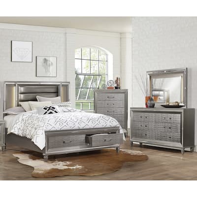 Modern Silver Gray Bedroom Set 4pcs Bed Dresser Mirror Chest
