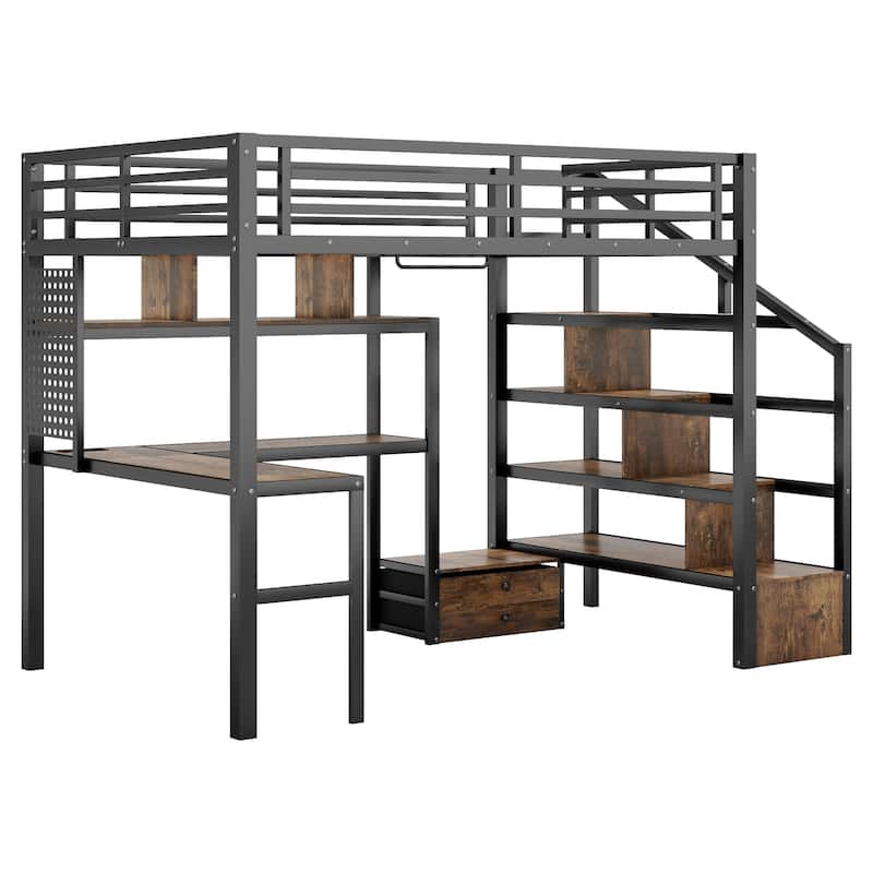 Full Size Metal Loft Bed with LED Lights, Charging Station, Desk & Staircase Storage - Black