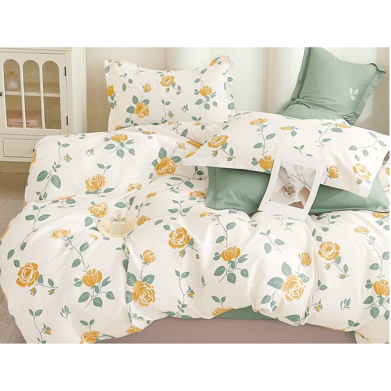 Blooming Casa Yellow/Green Rose Floral 100% Cotton Reversible Comforter Set Queen