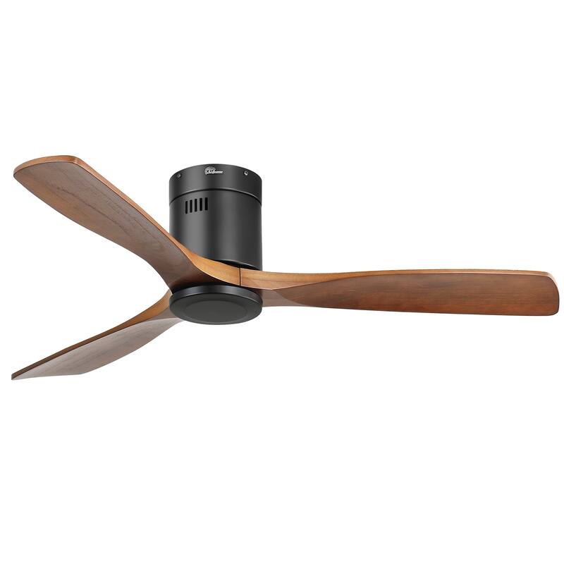 Sofucor 52" Low Profile Flush Mount Noiseless Ceiling Fan with Light and Remote,3 Solid Wood Blades,6 Speed Levels - Without Light - Black with Brown Blades