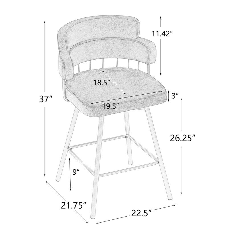 26" Counter Height Bar Stools Set of 2, 180° Swivel Upholstered Bar stools with Backs and Metal Legs