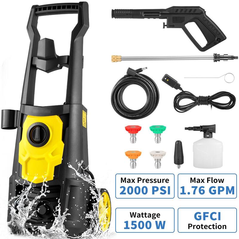 Black-Yellow PP 2000PSI Electric Washer 1.76GPM with 5 Nozzles
