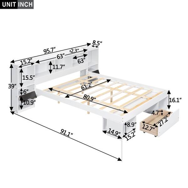 dimension image slide 1 of 2, Queen Size Solid Pine Wood Platform Kids Bed Frame with Multi-Storage Headboard, Large Drawer, and Open Shelves, White
