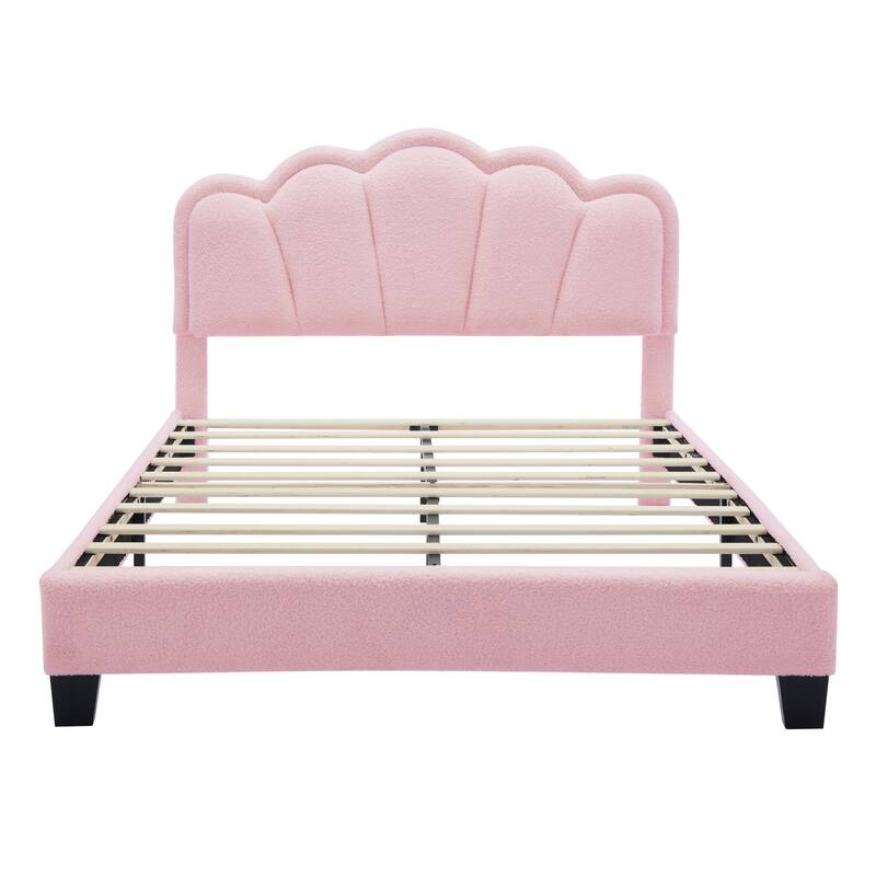 LED Flower-Shape Headboard Bed Frame, Sherpa Fabric Upholstered Platform Bed, Wooden Slats Panel Bed Side Control Buttons