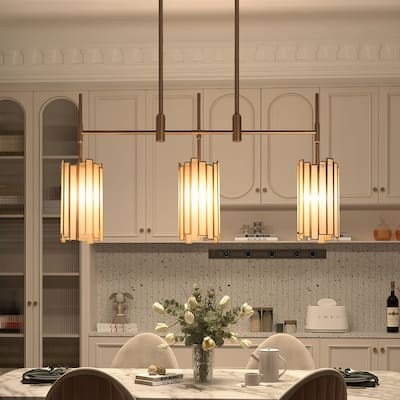 Tifany Moden Gold 3-Light Linear Chandelier Textured Glass Kitchen Island Light - L 30" x W 4.3" x H 17.3"