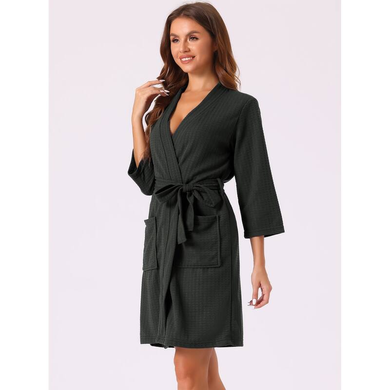 Womens Waffle Bathrobe Soft Kimono Spa & Bath Mid-Length Robes