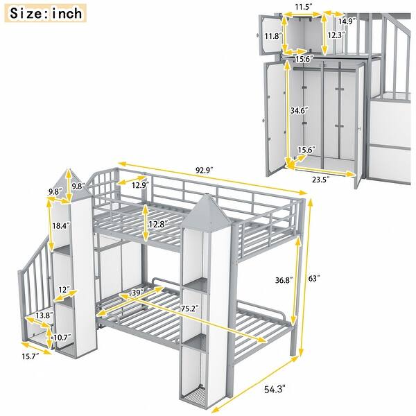 Castle-Shaped Metal Twin Bunk Bed with Wardrobe and Storage, White+Grey
