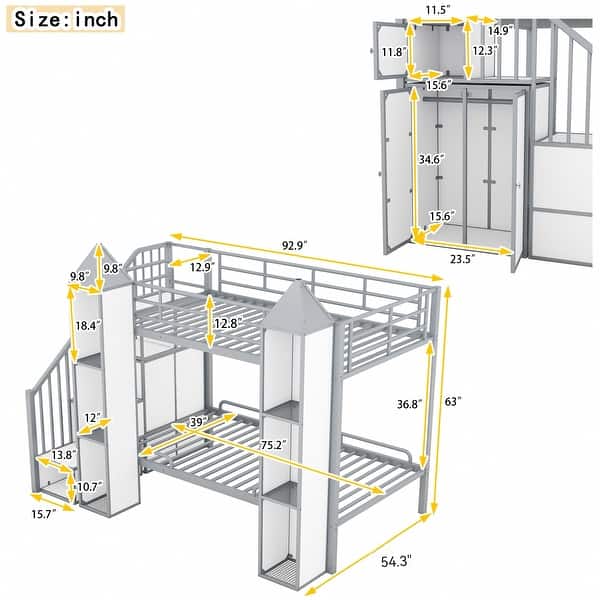 Metal Twin over Twin Castle-shaped Bunk Bed with Wardrobe and Multiple Storage
