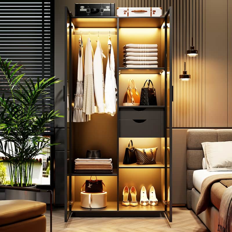 2-Door Wardrobe Armoire with LED Lights - Black