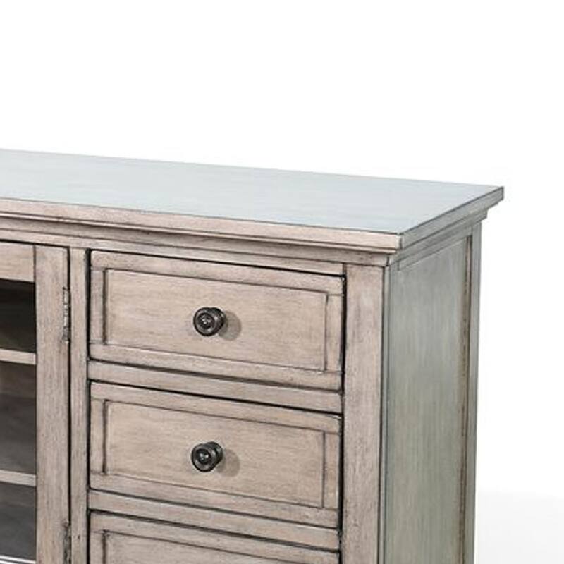 Xyla TV Stand Media Cabinet Glass Door, 6 Drawers, Gray Wood, 62 Inch