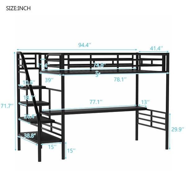 Twin Loft Kids Bed Frame with Desk, Space-Saving Design, No Box Spring Needed, Full-Length Guardrails, Easy Assembly, Black