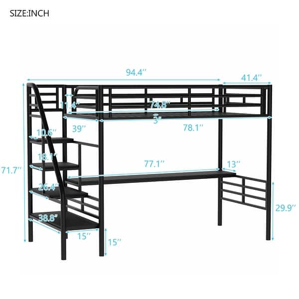 Twin Metal Loft Bed with Desk, Space-Saving, No Box Spring, Black