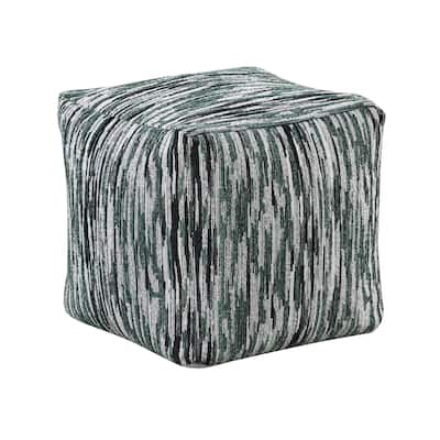 Modern Pouf Ottoman, Green White Curved Striped Jacquard, 16in Square