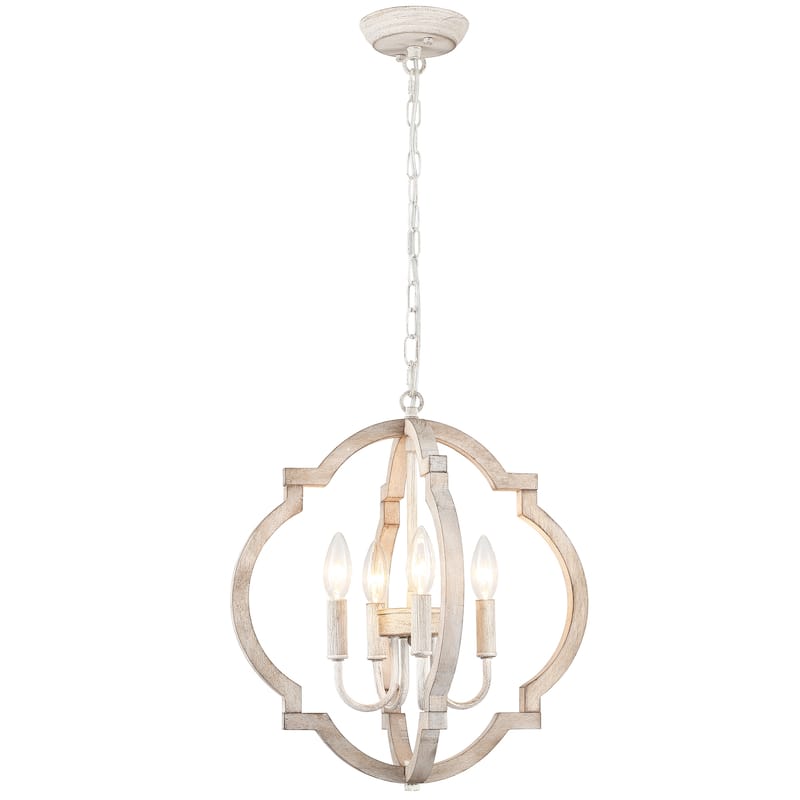 4-Light 16.33"W Wooden Lantern Rustic Chandeliers for Dining Room Kitchen