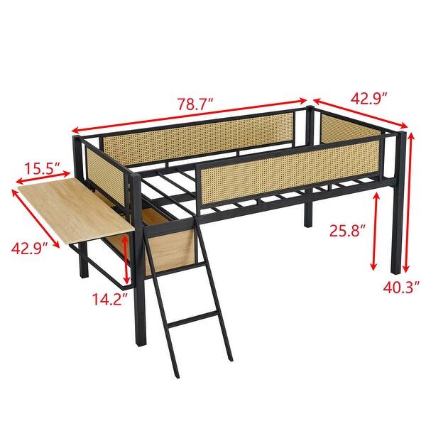 dimension image slide 0 of 2, Stylish & Simple Single Twin metal loft bed with rectangular desk, LED lights, storage shelves, safety guard and ladder, Brown