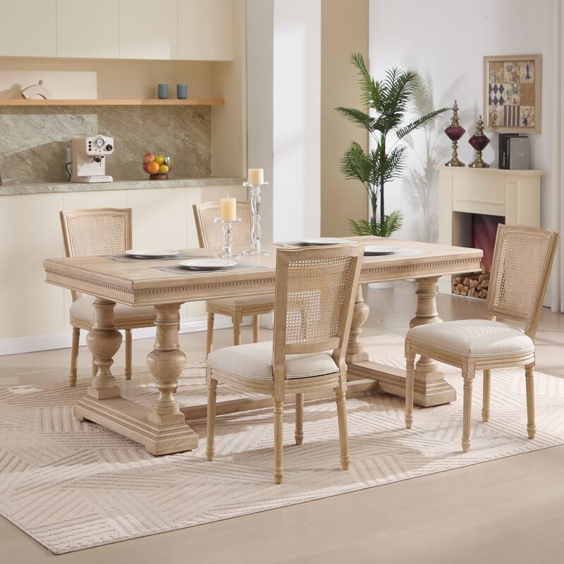 Dining Chairs Set of 2, Upholstered Chairs with Nature Rattan T-shaped Back, Wire Drawing and Carving Techniques,Disassemblable