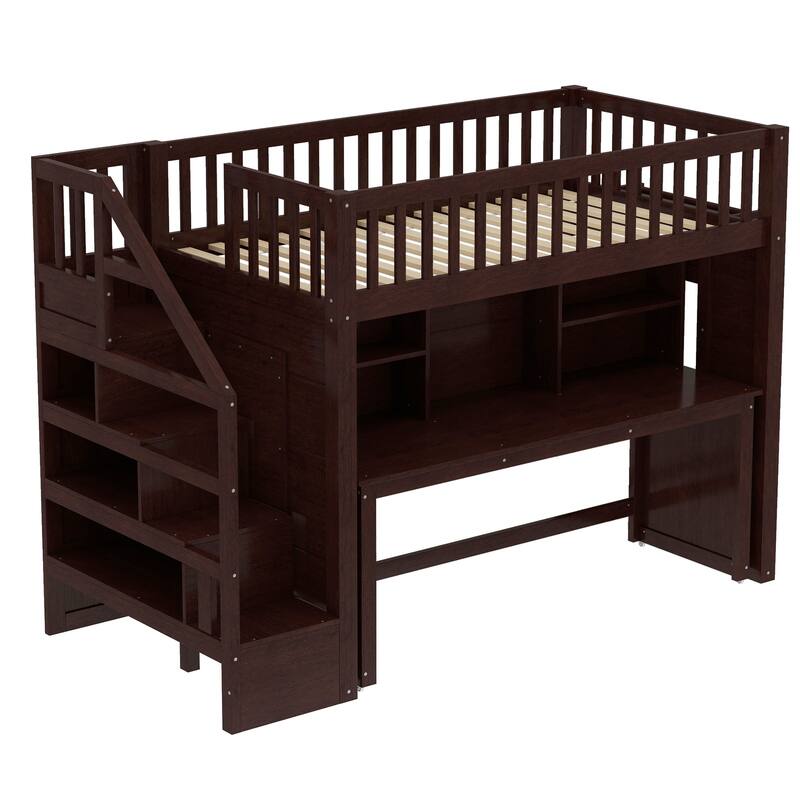 Espresso Loft Bed with Desk Bookshelf Storage Stairs Wood Loft Bed Frame