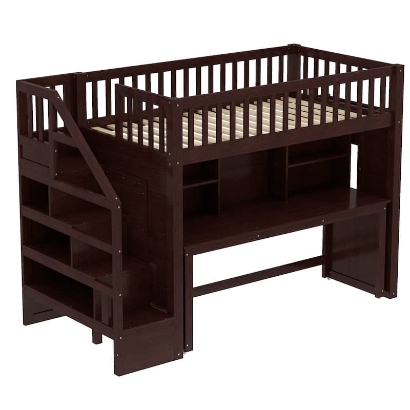 Roomfitters Loft Bed with Movable Desk and Storage Stairs, Solid Wood Workstation