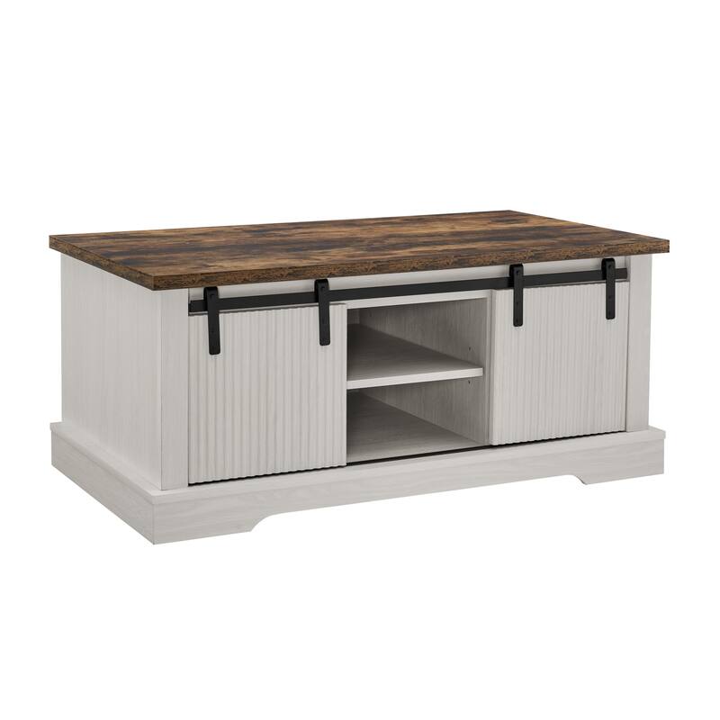 41.3 Inch Coffee Table with Storage and Sliding Wood Door, Farmhouse and Industrial Cocktail Table with Adjustable Shelv