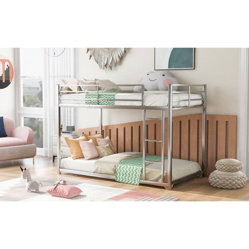 Twin over Twin Low Metal Bunk Bed with Ladder, Silver