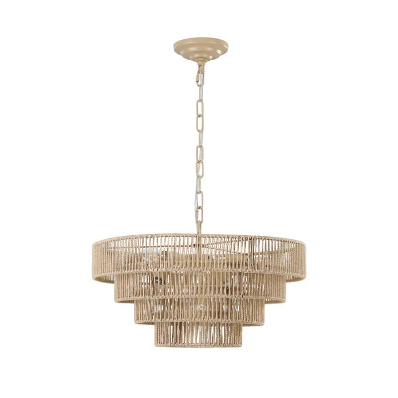 Modern Layered Hemp Rope Chandelier in Boho Style, Elegant Hanging Light for Living, Dining & Bedroom Areas (Bulbs Not Included)