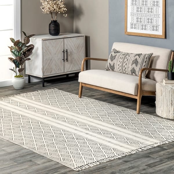 slide 2 of 9, Nuloom Handmade Flatweave Striped Trellis Cotton Fringe Area Rug 4' x 6' - Ivory - Rectangle