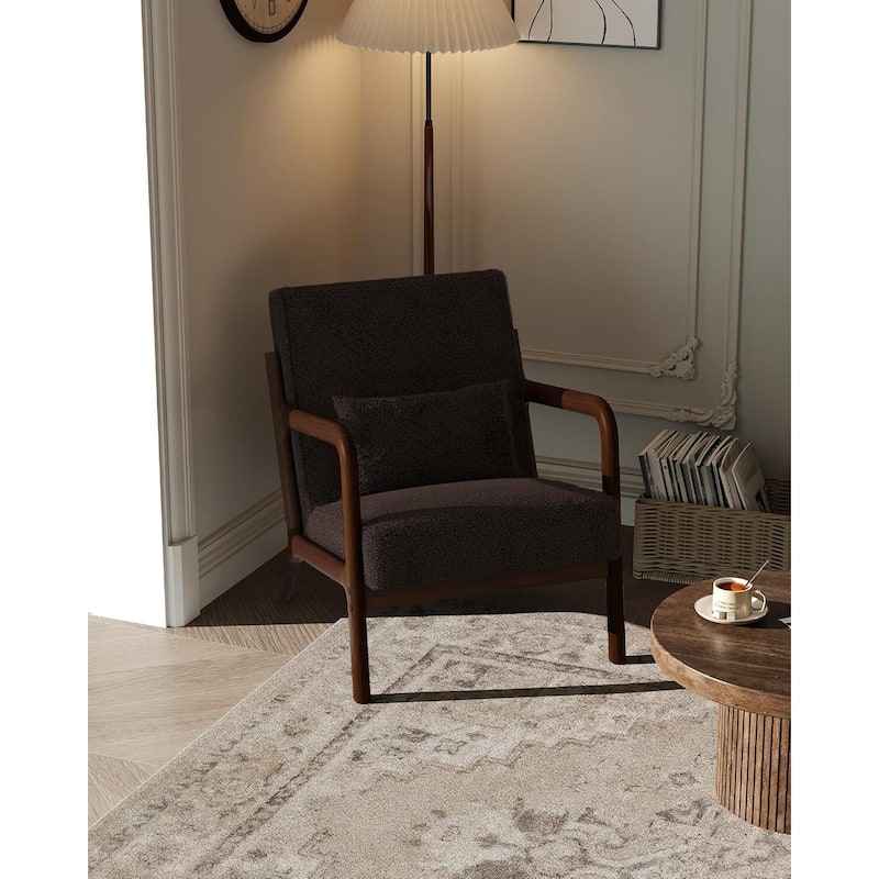 Modern Sherpa Accent Sofa Chair, Lounge Armchair with Lumbar Pillow for Living Room, Bedroom - Brown